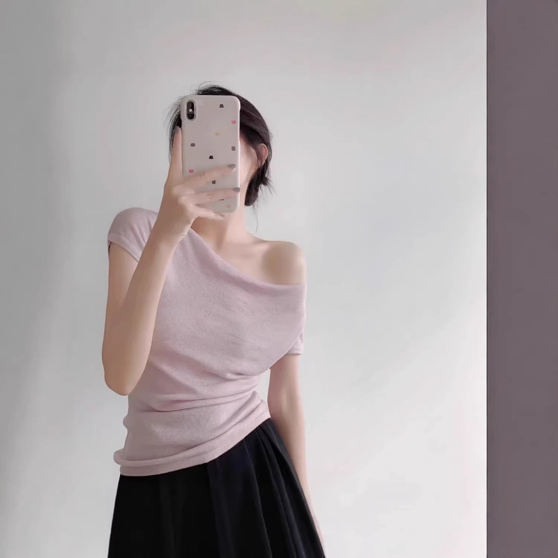 Summer New Style Off-Shoulder Ice Silk Knit Top with a Gentle Design, Solid Color, Versatile Slim-Fit Short-Sleeve Blouse