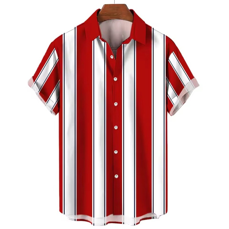 Hawaii Vacation Summer Men's Shirt Striped Printed Lapel Short-Sleeved Top Wide ​ ​ Loose Breathable Shirt