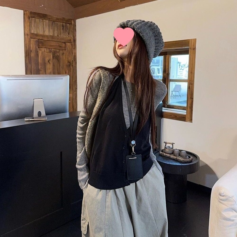 时尚韩系长袖针织衫叠穿挂脖背心女秋季显瘦百搭工装休闲裤三件套|undefined