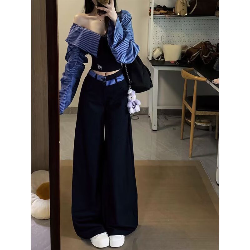 一字肩拼接上衣女装2025新款超好看韩版收腰宽松显瘦休闲裤两件套|undefined
