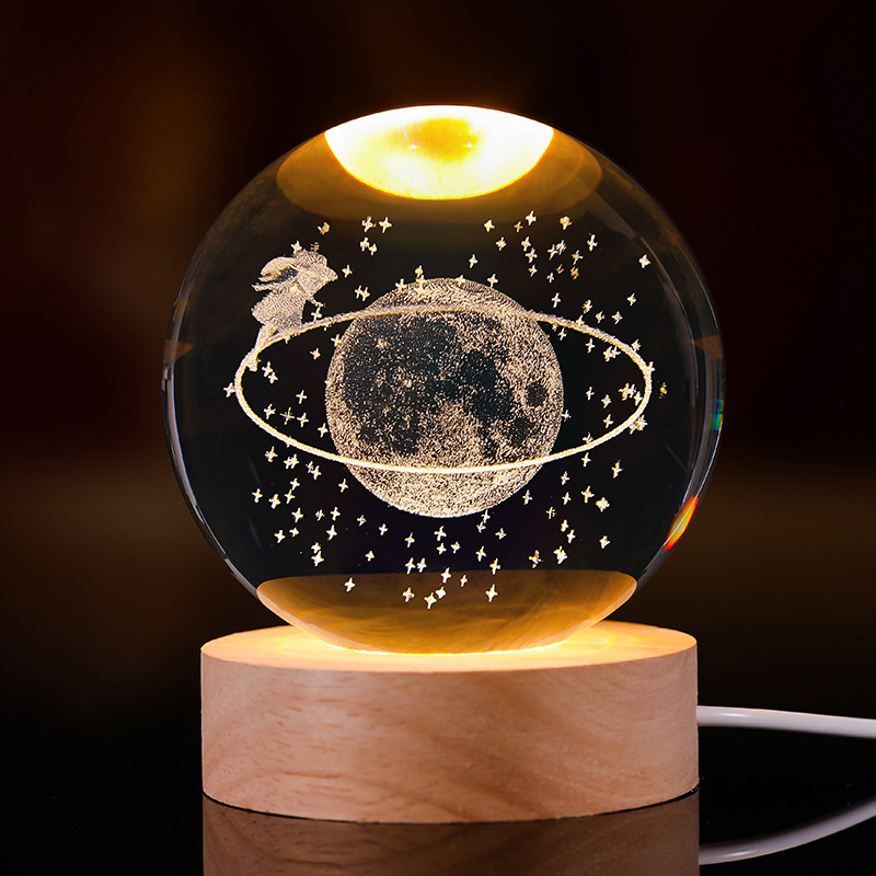 Bola de cristal luminosa lámpara de noche 3D esculpida estrella base de madera sólida regalo de cumpleaños decoración de escritorio creativa