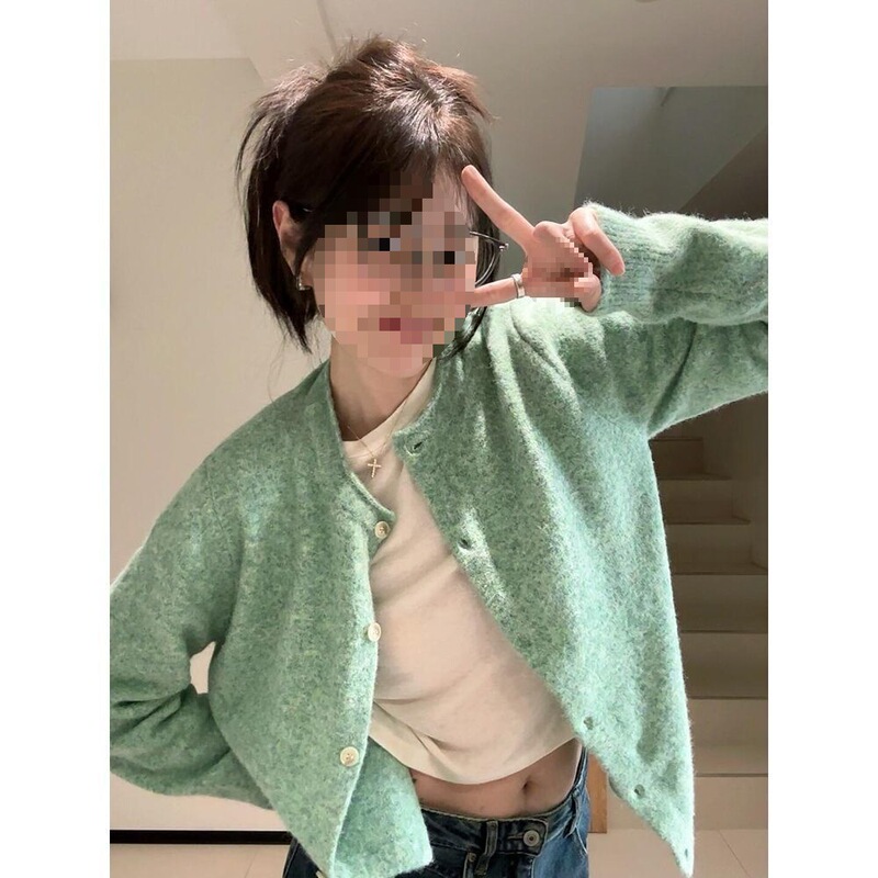 百搭薄荷绿卷边针织开衫女春秋百搭绿色上衣早春外搭软糯毛衣外套|undefined