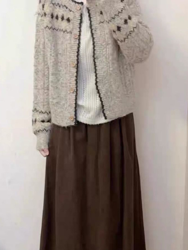 韩系重工设计感复古提花杂色毛衣外套女秋冬季圆领针织开衫小个子|undefined