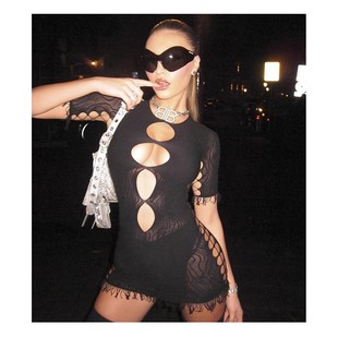 New Tight-Fitting One-Shoulder Hip-Hugging Mesh Dress, Sexy and Alluring See-Through Fishnet, No Need to Take Off Uniform 0009