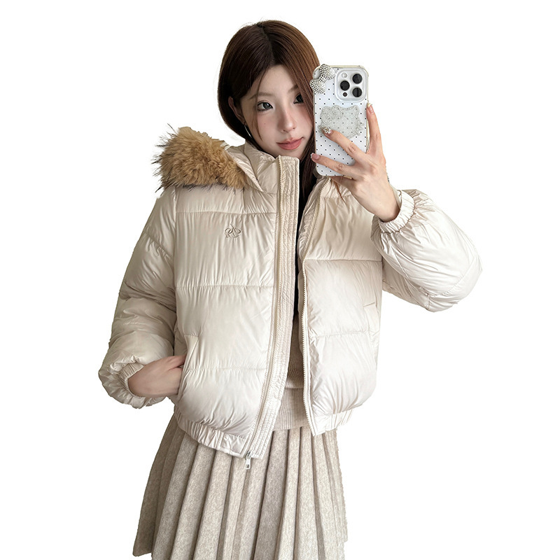 2025 invierno nuevo cuello de lana con capuchón de diseño de pluma de moda coreana corta suelta chaqueta de algodón chaqueta image 5