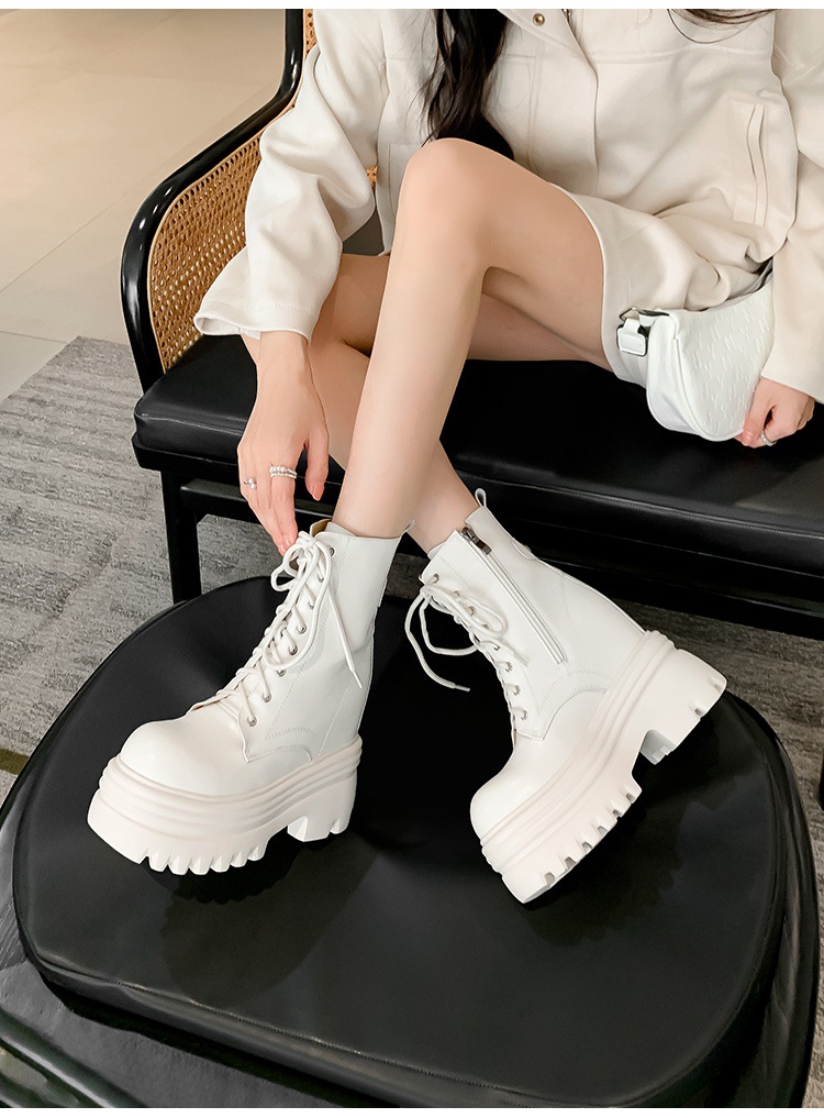 Boot nữ cổ thấp da thật gót siêu cao 15cm đế dày tăng chiều cao lót lông mùa thu đông — Lớp lót đơn màu trắng nhạt 12cm chi tiết 14