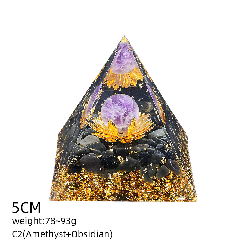 C2紫晶+莲花+黑曜（5cm金字塔）