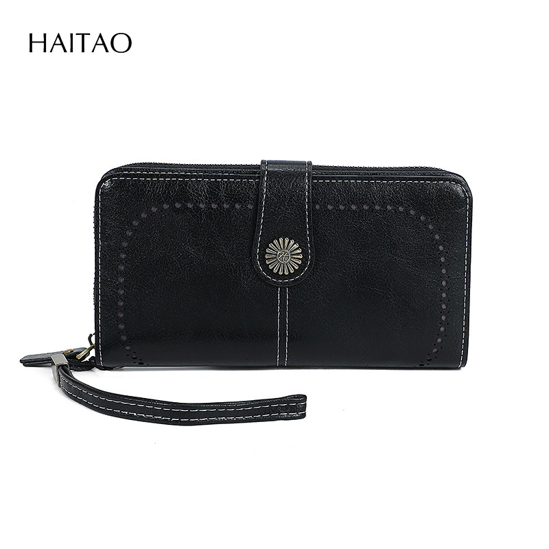 2025 nueva moda retro simple billetera larga de cuero graso para mujer bolso de mano multifuncional de gran capacidad