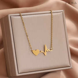 外贸新品情侣闺蜜时尚个性项链镜面不锈钢心电图可激光锁骨链吊坠