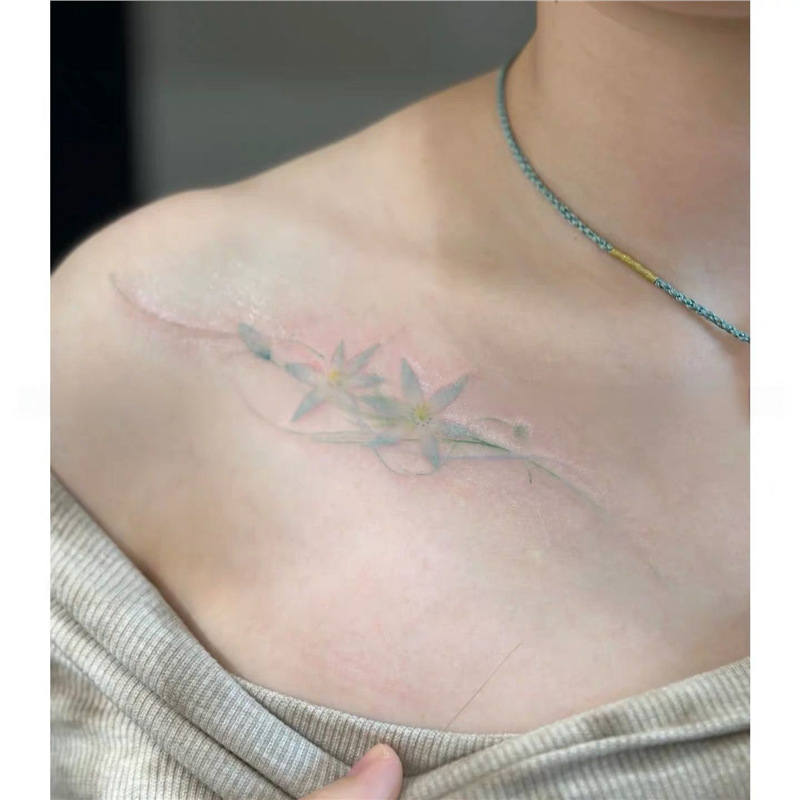 Gentle, cool, light blue, ethereal floral colorful tattoo stickers, waterproof design, atmospheric, ins-style, for collarbone and arm