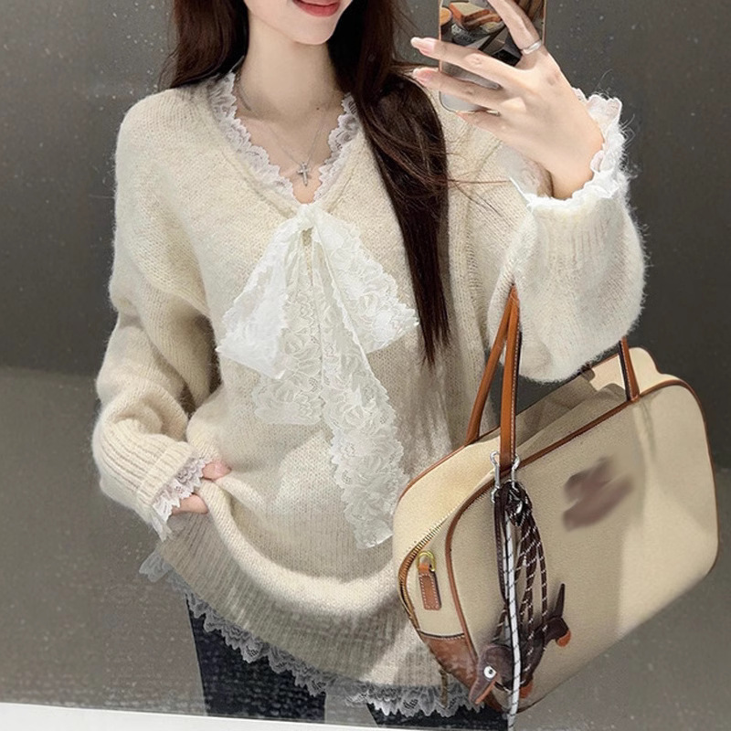 2025早秋小众女装韩系蕾丝拼接百搭打底纯色针织衫套头毛衣女|undefined