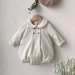 Baby spring linen double-breasted round neck college style baggy clothes for men and women baby spring long-sleeved one-piece romper