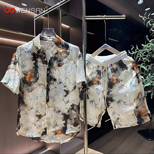 Jacquard Ink Ice Silk Casual suit Men's Summer 2025 New Short-sleeved Shirt with Shorts for Men