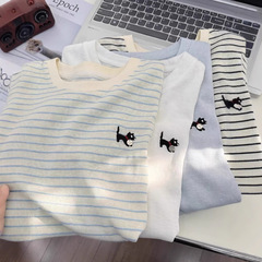 プラスサイズ 120kg 竹綿ストライプ刺繍半袖レディース Tシャツ夏ルーズレイジースタイルシンプルトップ軽くて通気性