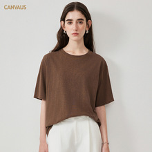 CANVAUS女装新款极简风圆领短袖T恤女宽松中长款纯棉慵懒风上衣