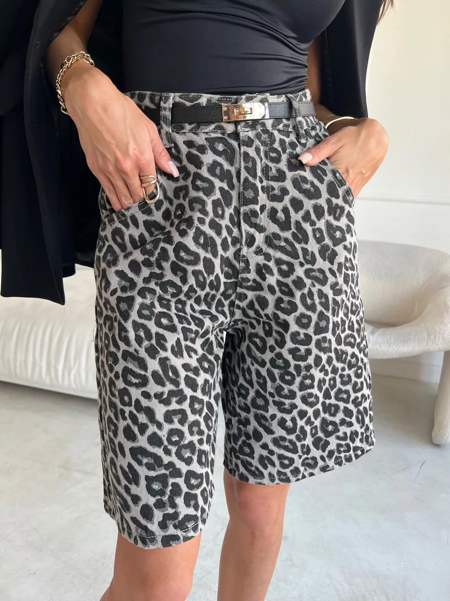 Shorts Bermudas Estampado Leopardo de Algodón Holgado con Bolsillos para Viajes