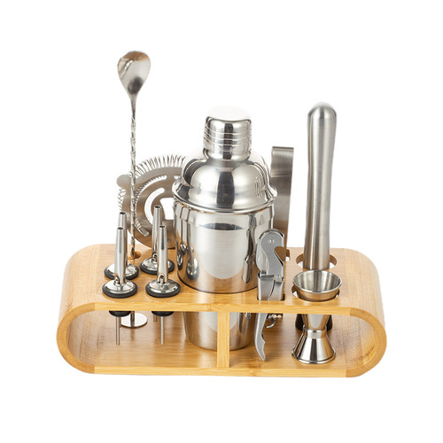 Cross-border direct supply new stainless steel cocktail shaker set with elliptical bamboo stand cocktail shaker bar tools