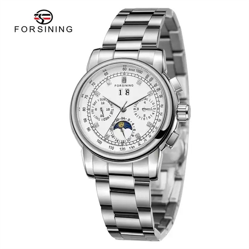 Forsining mujer moda casual movimiento mecánico multifuncional reloj mecánico automático correa de acero Sun Moon Star