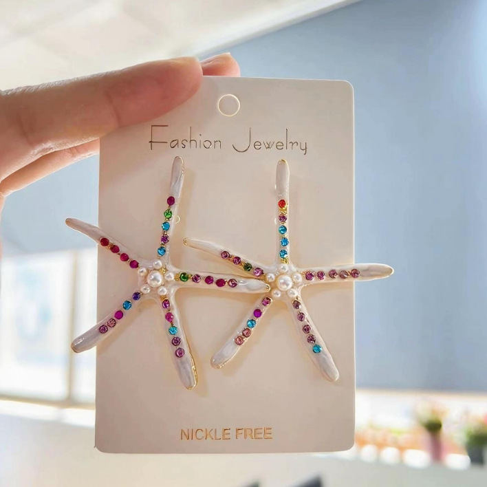 Sommerliche Ohrringe mit tropfenförmigen Seesternen aus einer Legierung für Damen, einzigartiges Design, große, farbenfrohe Diamantohrstecker, Strand-Ohrringe_voghion.com