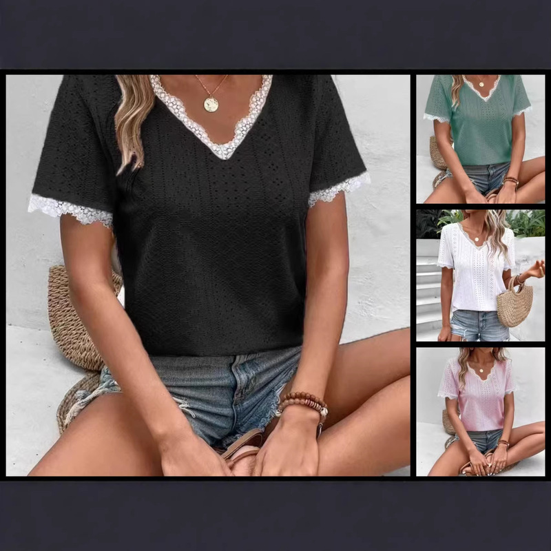 European and American Cross-Border Foreign Trade Women's Clothing 2024 Amazon Spring and Summer New Products V-Neck Lace Splicing Loose Casual Eyelet T-Shirt European and American Cross-Border Foreign Trade Women's Clothing 2024 Amazon Spring and Summer New Products V-Neck Lace Splicing Loose Casual Eyelet T-Shirt