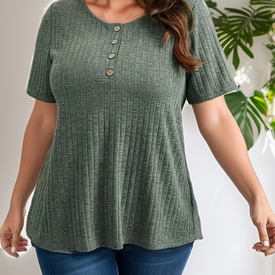 Amazon European and American Cross-Border Export Plus Size Women's Summer New Short-Sleeved Knitted Tops Button Knitwear T-Shirts
