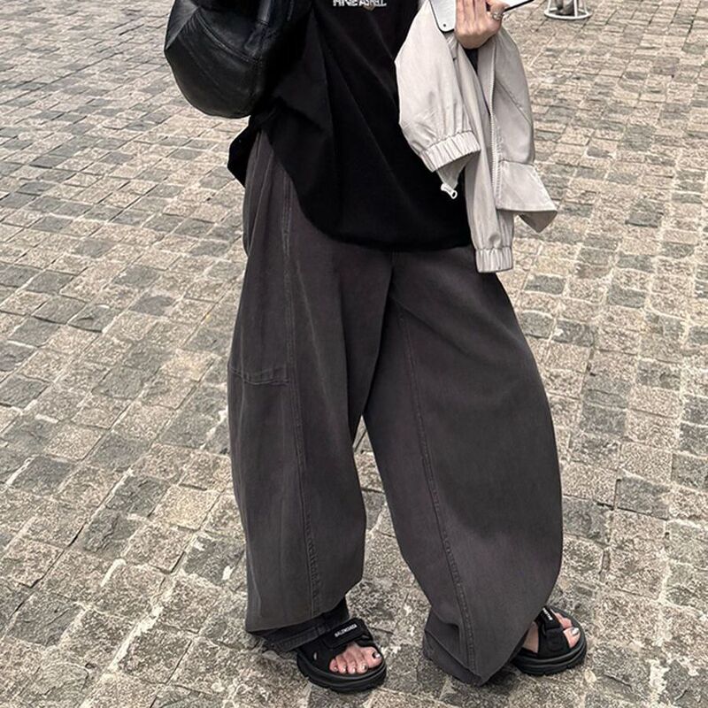小个子美式复古灰色宽松显瘦高腰阔腿裤休闲裤香蕉牛仔裤女长裤潮|undefined