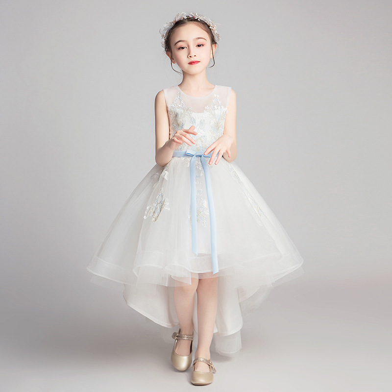 Vestido de princesa formal para niñas pequeñas, traje de actuación con ribetes de encaje, atuendo blanco largo para fiesta de cumpleaños infantil.