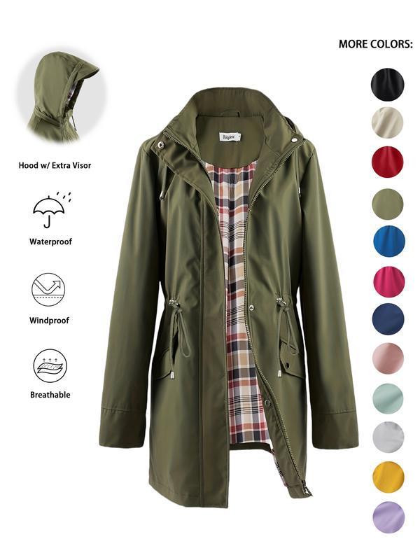 Women's Solid Color Drawstring Zip Up Hooded Trench Coat|undefined