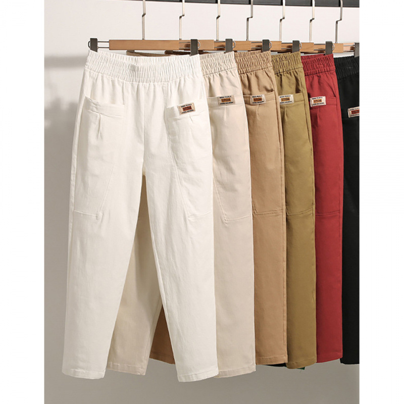 Middle-Aged Mom Pants Women Spring Summer Stylish Straight Casual Pants Twill Cotton Loose Fashion Petite Harem Long Pants