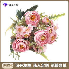 跨境厂家茶玫仿真花茶苞玫瑰把束小牡丹欧式插花装饰摆件摄影假花