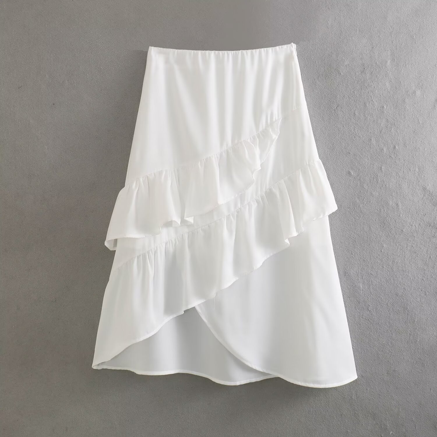 外贸2024欧美春新款气质时尚高腰荷叶边叠层白色半身裙长裙女6025