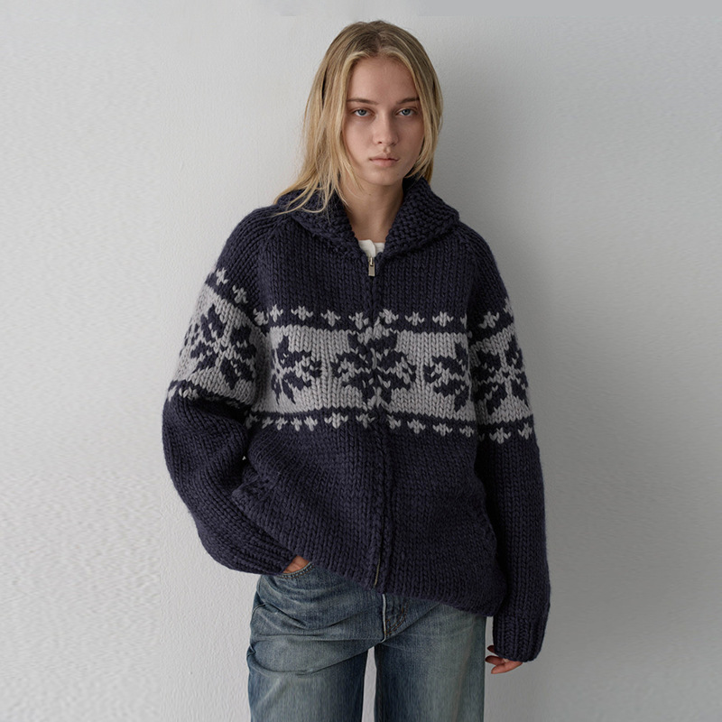 Facade Pattern Jacquard Knitted Cardigan Women's Autumn and Winter New Lapel Contrast Color Loose Zipper Top Jacket