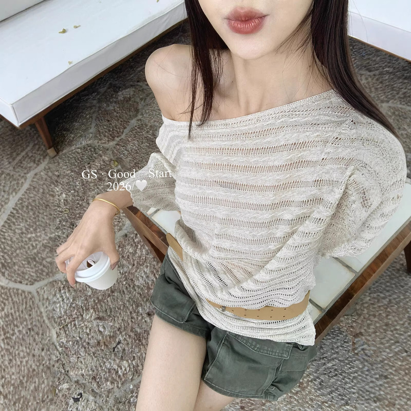Gs.Good Start Casual and Slim-Fit Knitted Short-Sleeve T-Shirt for Women, Summer Off-Shoulder Top (with Belt)