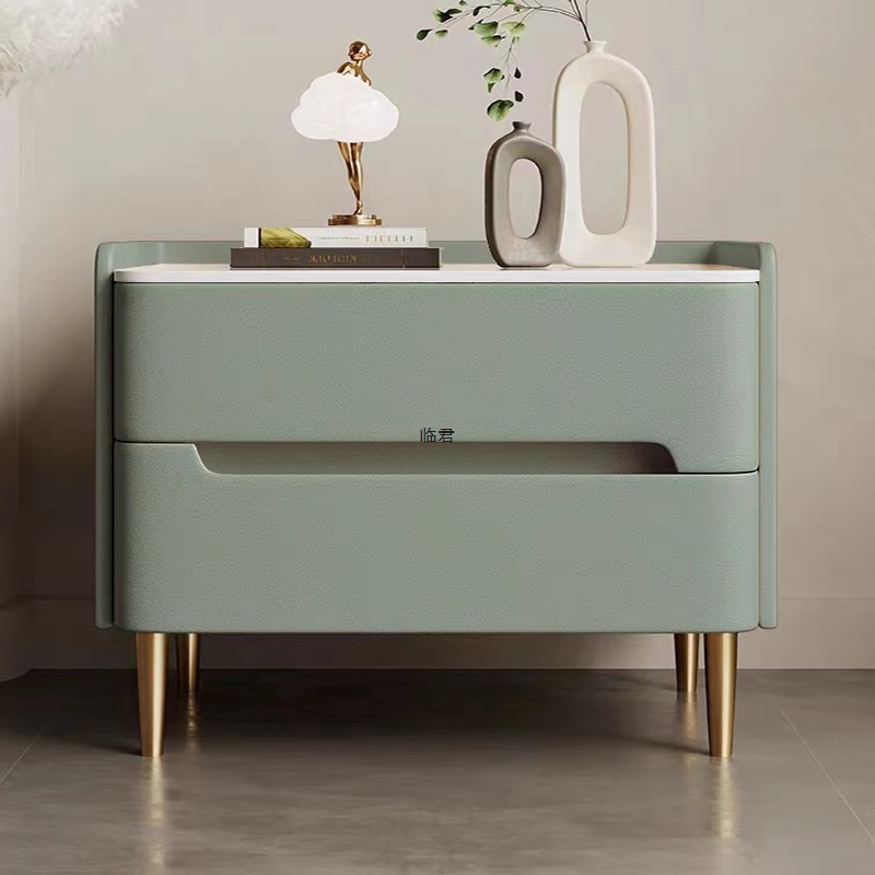 Italian Light Luxury Slate Solid Wood Bedside Cabinet Leather Simple Modern Bedroom Home Bedside Cabinet Small Complete