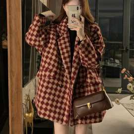 大码红色格子加棉毛呢外套女秋冬新款胖宽松显瘦小个子西装大衣