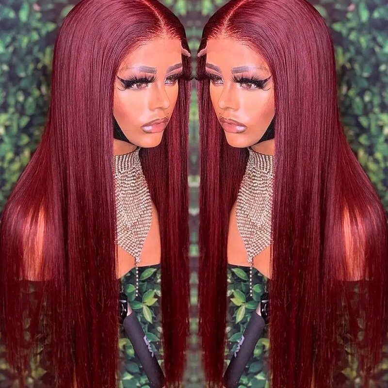 AliExpress hot sale front lace wig 2024 new arrival wine red long straight hair front lace head cover in stock