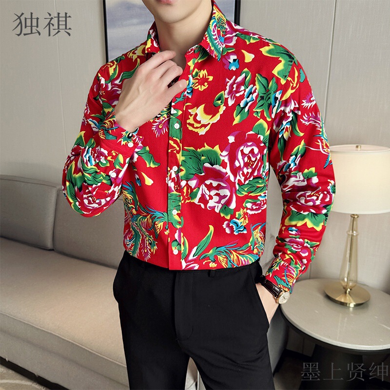 Northeast Big Flower Long Sleeve Shirt Men's Spring and Autumn 2024 New Arrival Floral Cloth Clothes Stage Performance Clothing Men's Floral Shirt