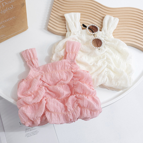 Girls Korean summer sweet temperament sling  baby girl Internet celebrity western style niche fashion pleated top