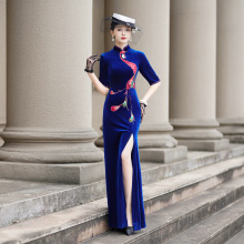 新款气质修身金丝绒高端改良单开叉加长款旗袍演出服日常可穿