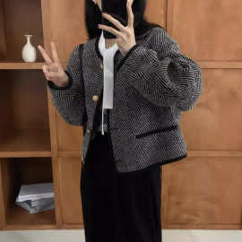 法式复古小香风斜纹毛呢外套女2026秋冬新款复古港风短款开衫夹克