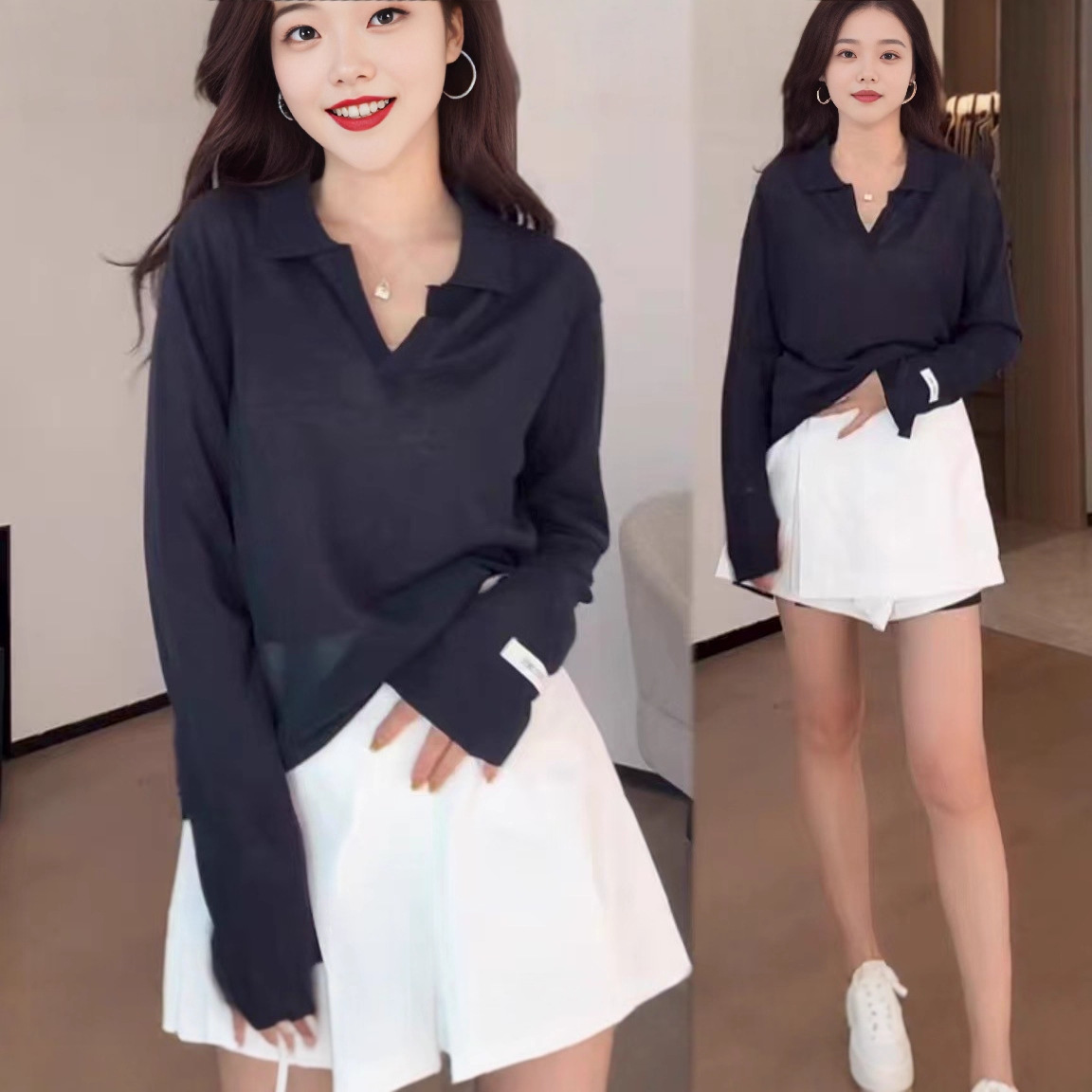 韩系休闲简约翻领针织衫早秋季新款长袖防晒百搭薄款纯色套头罩衫