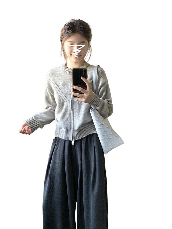 灰色针织开衫毛衣外套女初秋季2025新款小个子慵懒风拉链上衣百搭|undefined