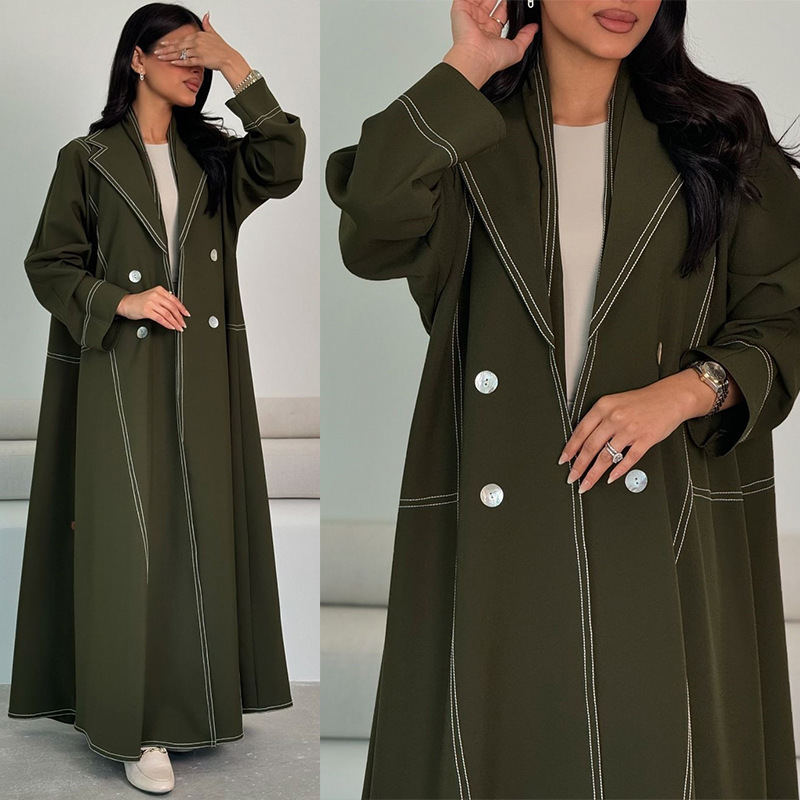 LN150 Olive Green Double-Breasted Long Trench Coat with Topstitching - Elegant and Slimming, Perfect for Workwear and Sophisticated Women's Wear