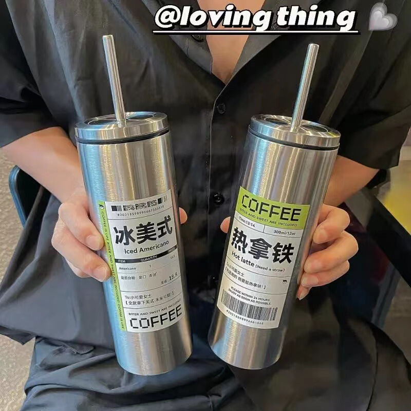 Latte Coffee Thermos Cup, Cold-Keeping Portable Stainless Steel Straw Water Cup, Business Gift with 304 Stainless Steel Latte Coffee Thermos Cup, Cold-Keeping Portable Stainless Steel Straw Water Cup, Business Gift with 304 Stainless Steel