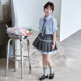 夏季女童短袖衬衫短裙套装童装儿童女孩学院风短袖t百褶裙两件套