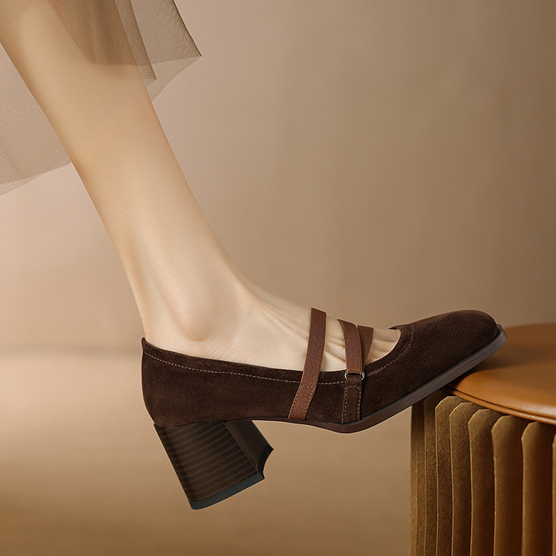 Chengdu factory direct supply super beautiful heel chunky heel high heel leather sheepskin suede elastic band Mary Jane single-layer shoes
