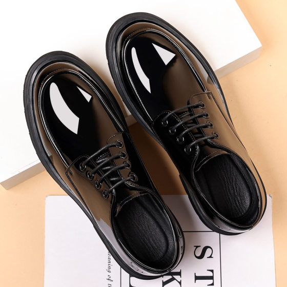Leather shoes men's bright leather youth British wind thick bottom increased business stylist dress shoes big shoes a generation of hair