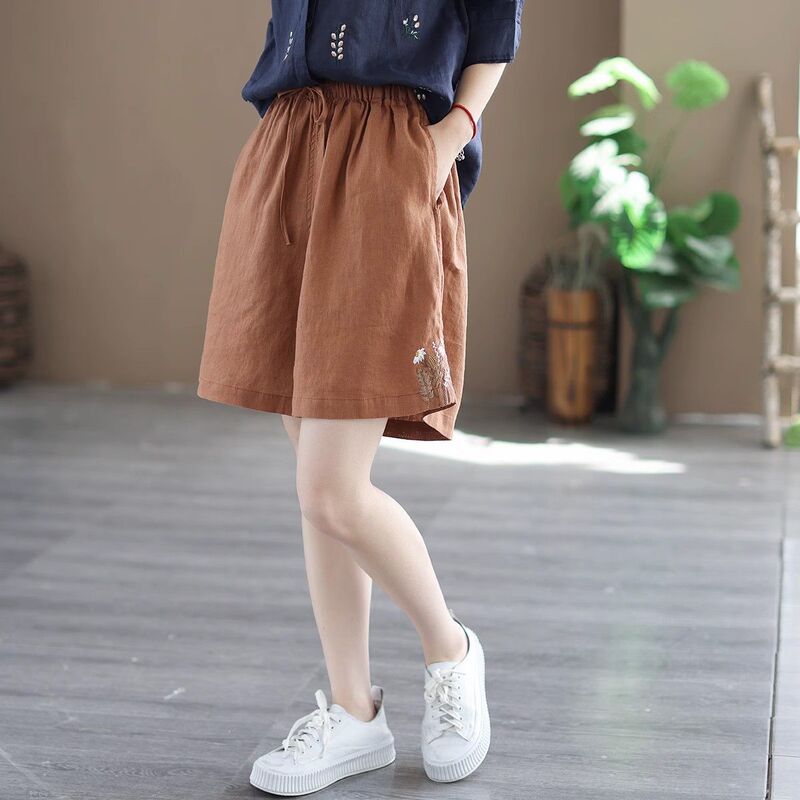 Summer New Style Women's High-Waisted Embroidered Versatile Straight-Leg Shorts, Thin and Comfortable, Breathable Cotton-Linen Four-Quarter Pants, Casual Pants