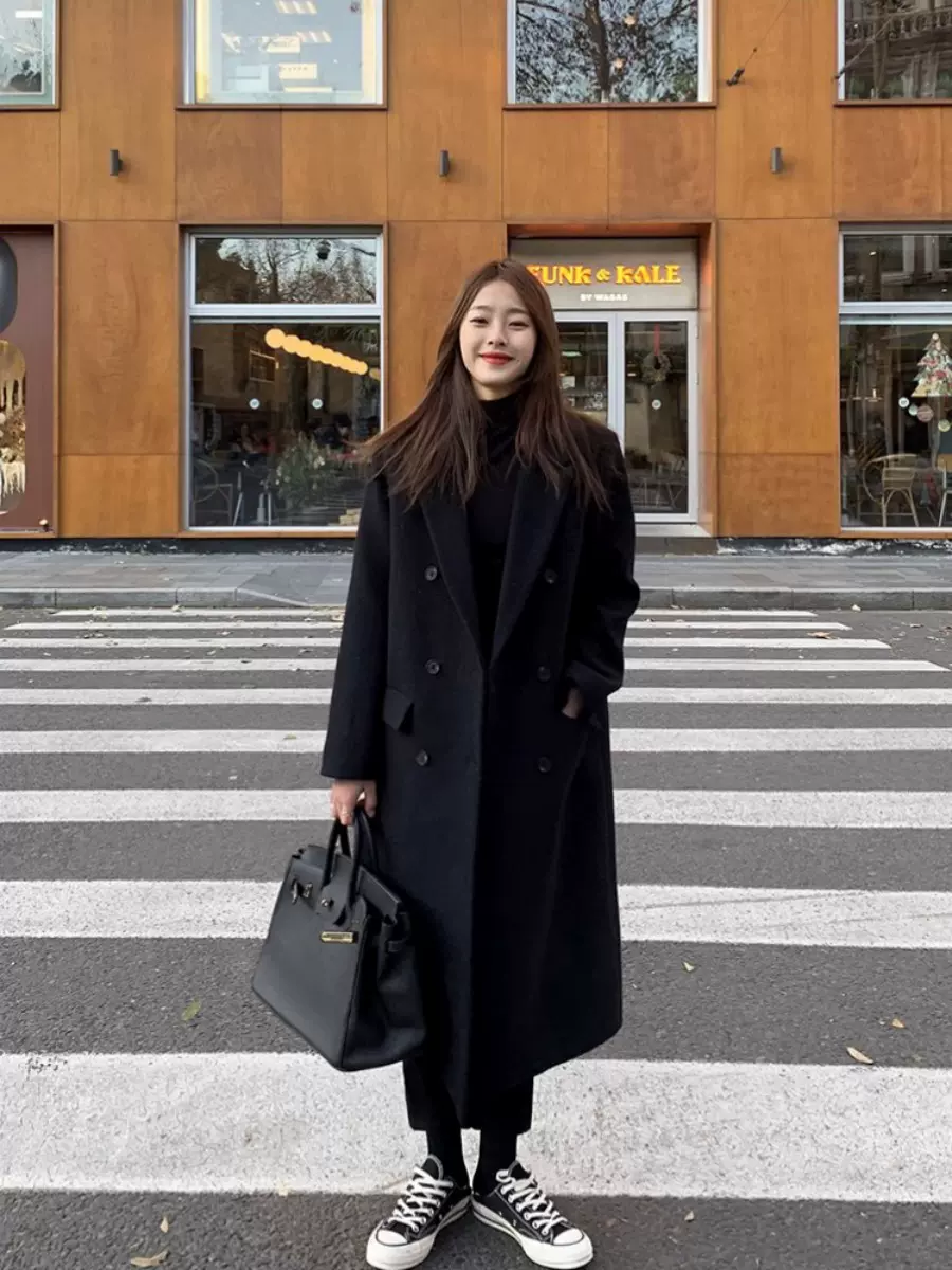 黑色毛呢外套女小个子韩系新款秋冬高级感中长款加厚西装呢子大衣