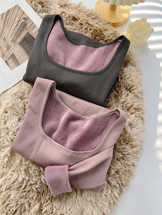 Thickened and Velvet Low U-Neck Long-Sleeved T-Shirt for Women 2025 Autumn and Winter All-In-One Velvet Inner Layering Shirt Top Thermal Intimates